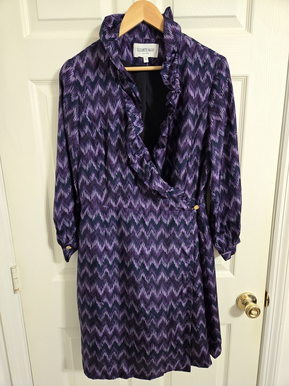 Elizabeth McKay Silk Purple Zigzag Ruffle Wrap Dress Size 12